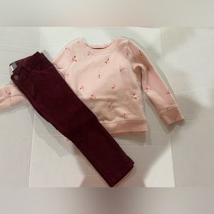 Cat &Jack toddler girl pink sweatshirt size 3t paired with maroon corduroy pants